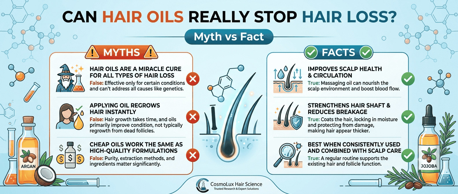 Can Hair Oils Really Stop Hair Loss? Myth vs Fact | CosmoLux Hair Science